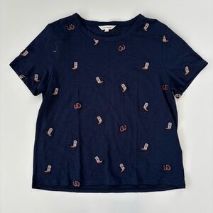 Lucky Brand Women's Navy Blue Embroidered Crewneck Tee Cowboy Boots LARGE, NWT
